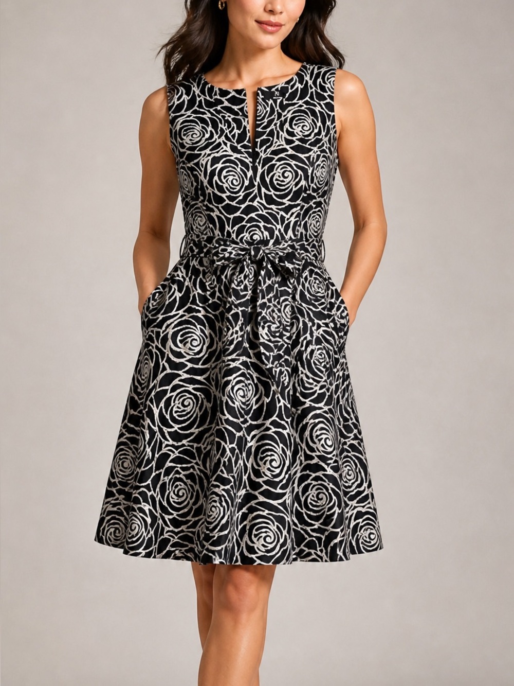 NWT NATORI Black White Rose Print Jacquard Fit & Flare Belted Party Dress 14 XL